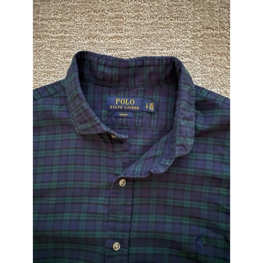 Polo Ralph Lauren Shirt Men Size L Green Tartan Plaid Slim Fit Cotton  Preppy